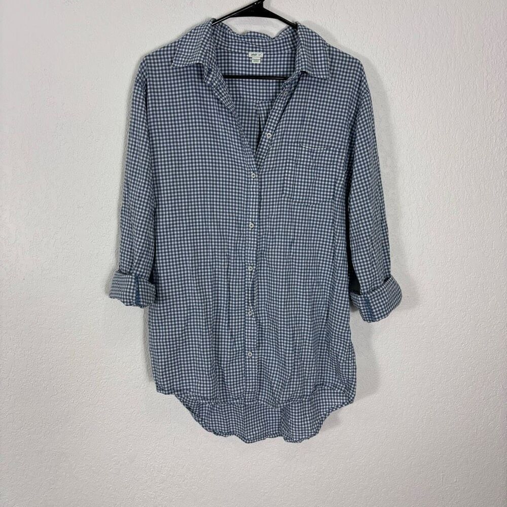 Aerie Blue Gingham Collared Oversized Button Front Beach Coverup Top Size Small